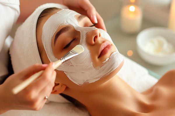 woman with mask that says acne her face